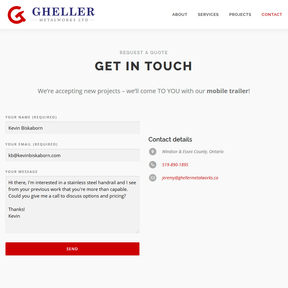 Gheller Metalworks Website Contact Form